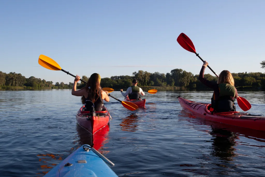 Kayaking offers calm waters and beautiful views.